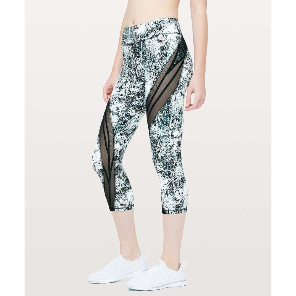 Lululemon Never Still Crop 21" Leggings Wildwood White Nocturnal Teal Mesh Sz 6 - Picture 3 of 12